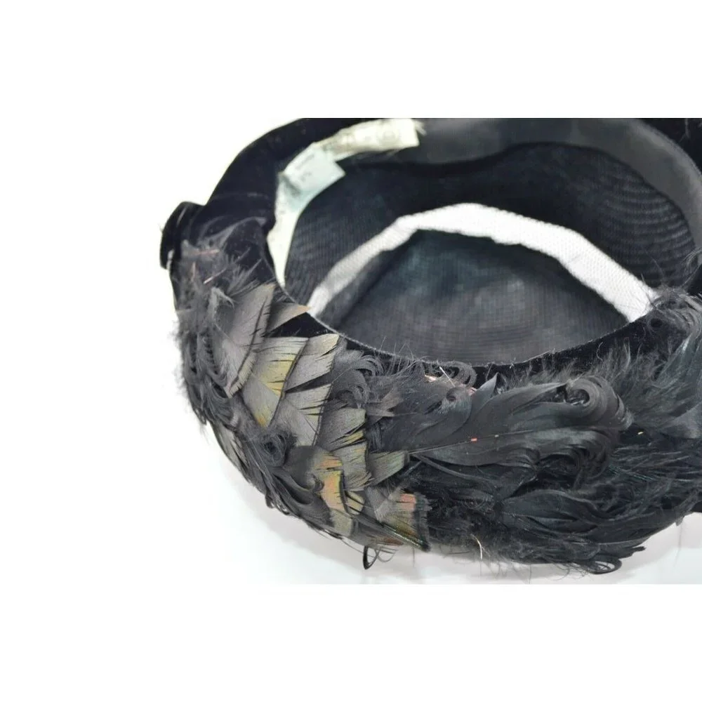 1950s Black Velvet Ostrich Feather Breton Hat Sear - Picture 5 of 6